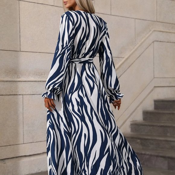 White Boho Womens Zebra Striped Surplice Neck Belted Dress - Picture 2 of 5